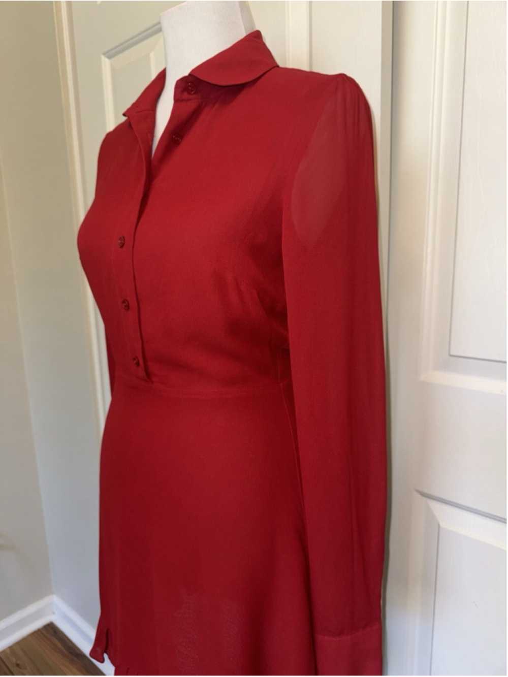 Reformation Red Mini Dress Romantic Coquette Sheer Sleeves Ruffle Hem Feminine 4 - Picture 5 of 13